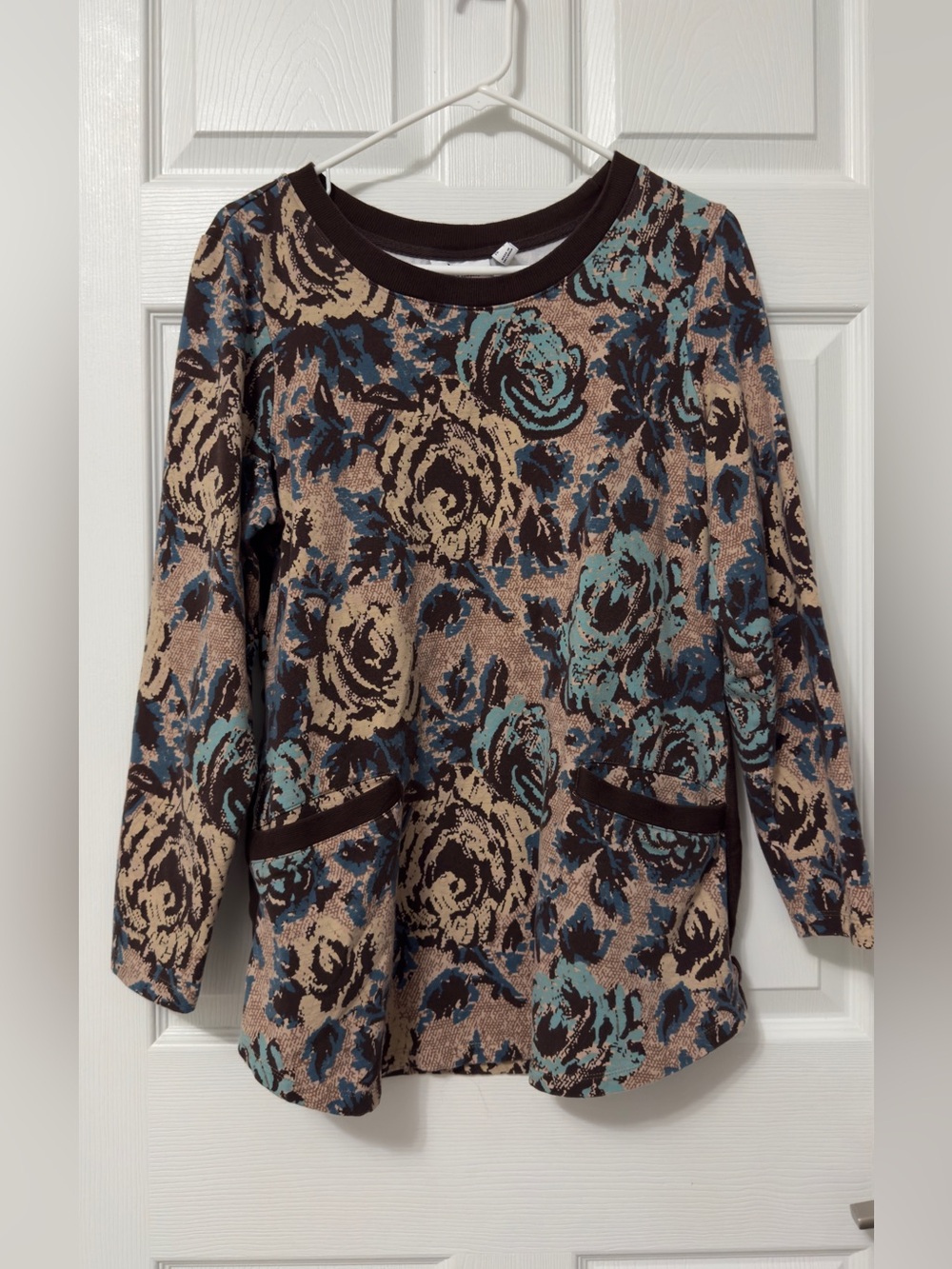 Floral Crewneck Sweater in Teal, Tan & Brown